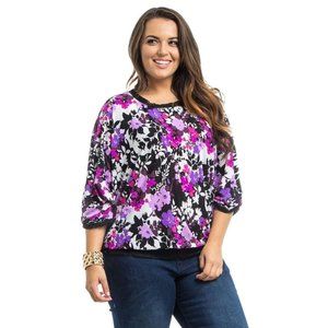 Takuni Ladies Top Scoop-Neck Dolman-Tab-Sleeve Floral Plus Size 1X  NWOT